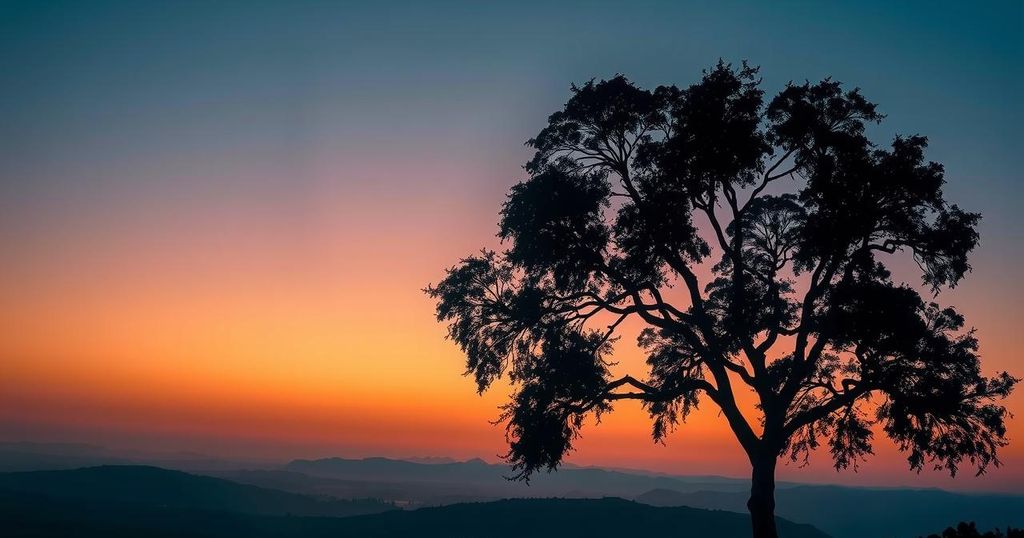 A serene landscape at dusk, featuring a lone tree silhouette against a gradient sky, symbolizing remembrance and legacy.