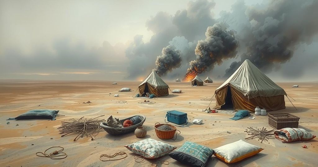 Desolate landscape symbolizing the plight of returnee families, featuring empty shelters and scattered belongings.