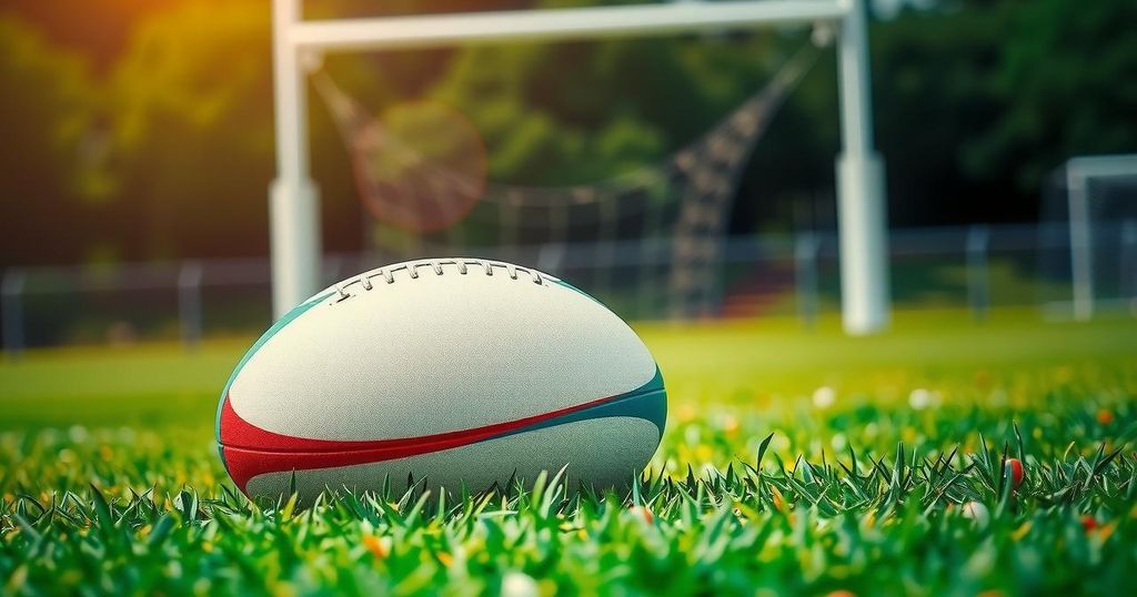 A rugby ball on a green field with goalposts in the background, emphasizing teamwork and competition in sports.