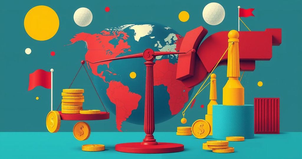 A conceptual representation of tariffs featuring a globe, scales, and symbolic currency, in a modern art style with bold colors.