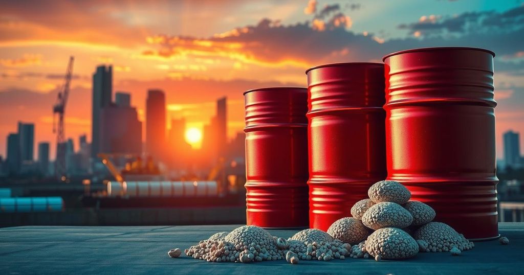 A symbolic depiction of energy negotiations with oil barrels, the US flag, and a backdrop of a city skyline at sunset.