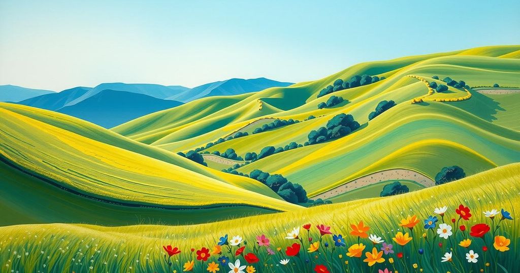 A serene landscape featuring lush green hills under a clear blue sky with vibrant wildflowers in the foreground.