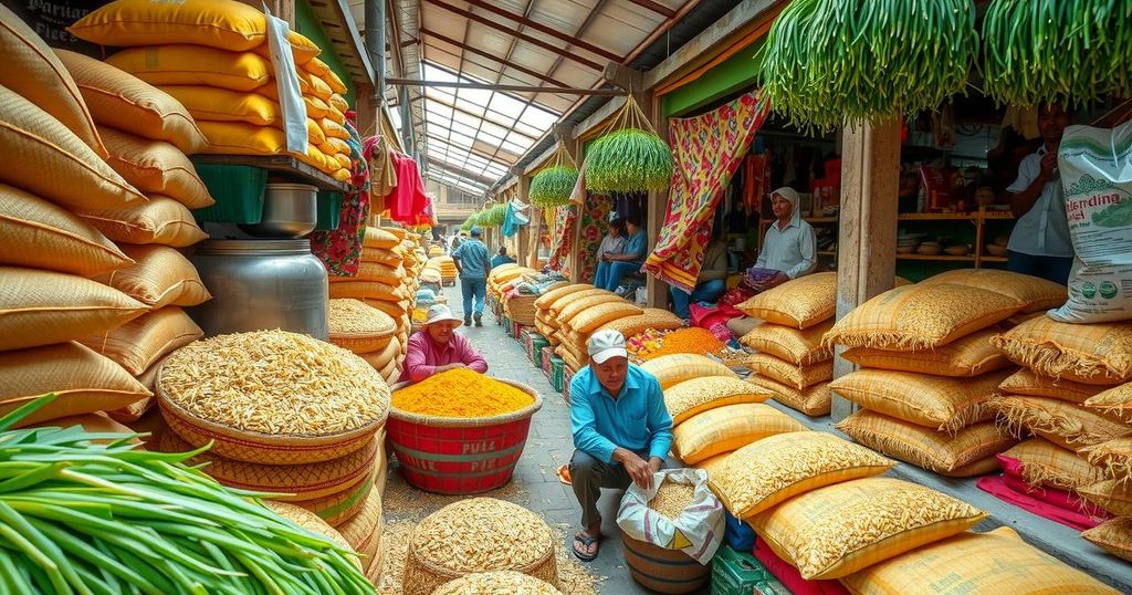 A vibrant Jakarta rice market, showcasing bustling trade and rich cultural elements.