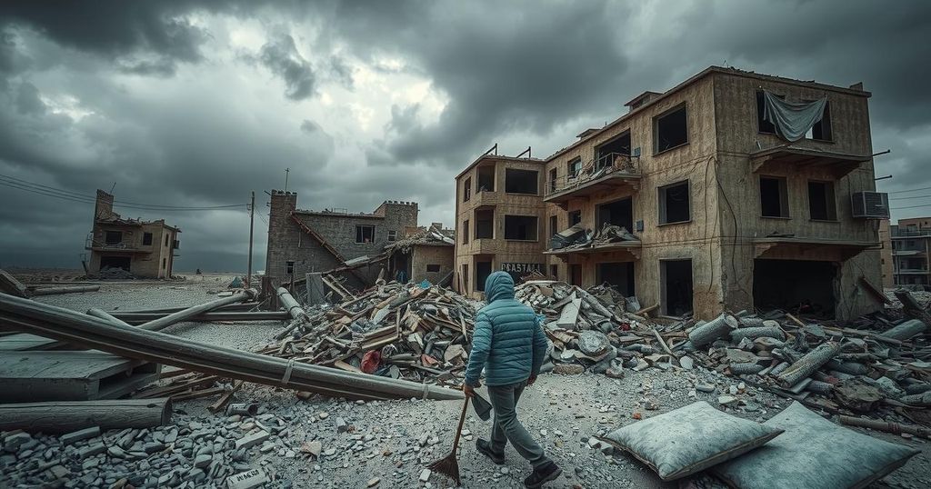 Despair and desperation in war-torn regions showing abandoned streets and destroyed structures under a gray sky.