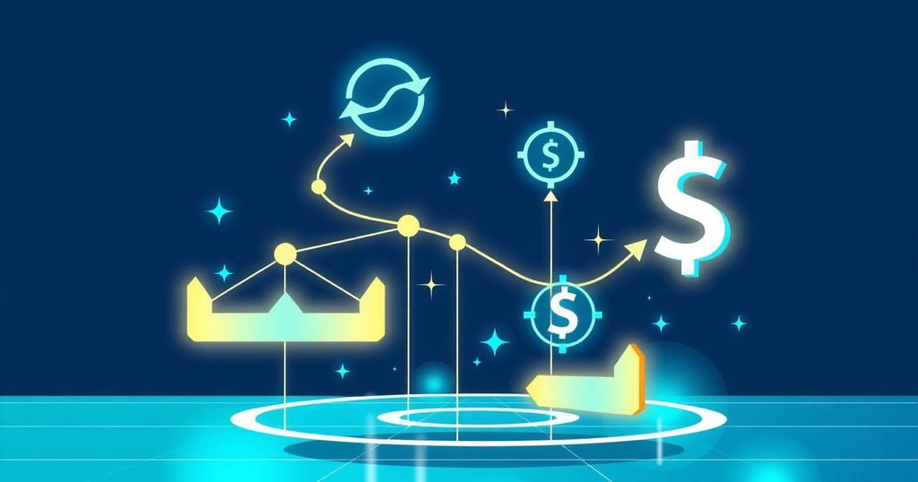 A digital payment platform concept with abstract currency symbols and a seamless flow of transactions in Colombia.