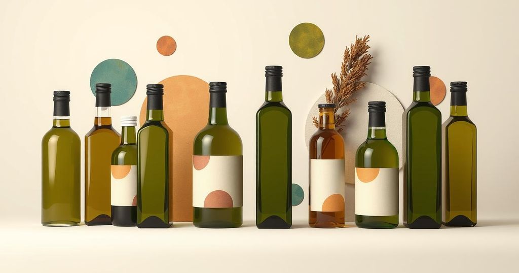 A symbolic representation of international trade negotiations with olive oil bottles and flags.