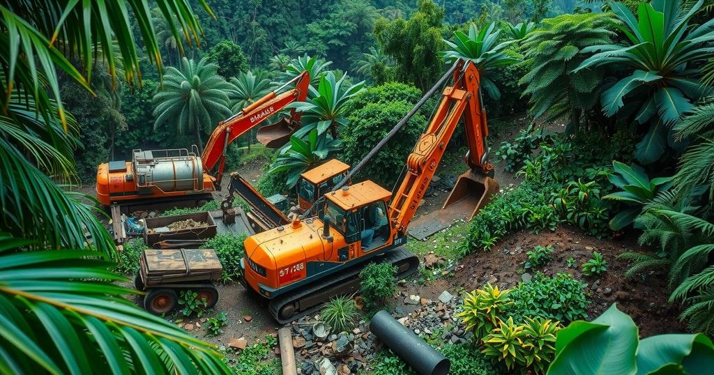 Dense Amazon rainforest with police and machinery confiscated from illegal operations, high contrast colors.
