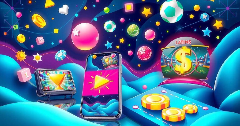 High-tech gaming icons and devices in a vibrant digital landscape depicting online gambling trends in South Africa.