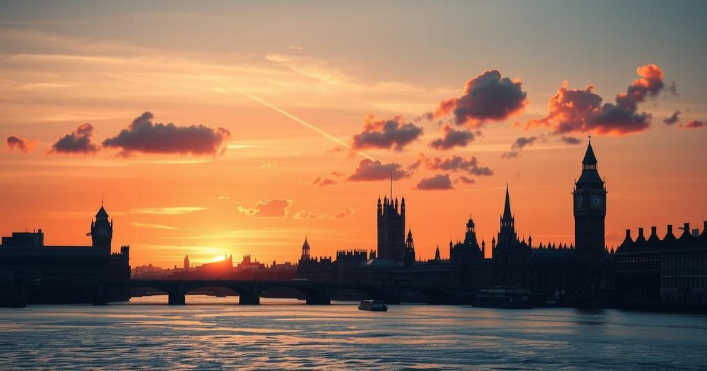 A serene landscape featuring a setting sun over the London skyline with soft clouds and warm hues.