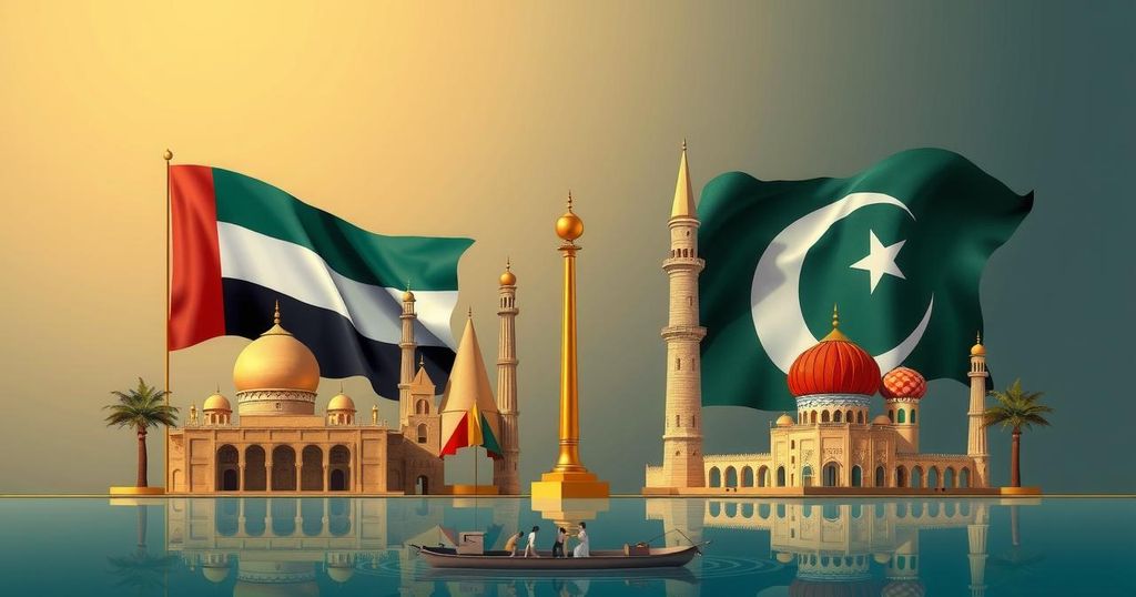 A collaborative scene representing UAE-Pakistan relations with symbols of diplomacy and immigration support, in warm colors.
