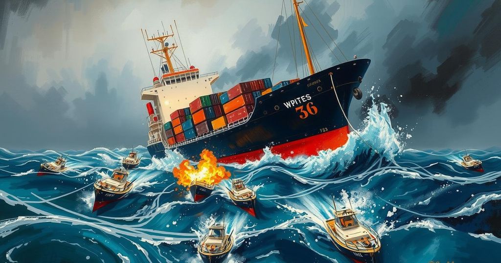 Dramatic maritime scene depicting a cargo ship under attack in dark stormy seas, with warlike colors and dynamic brushstrokes.