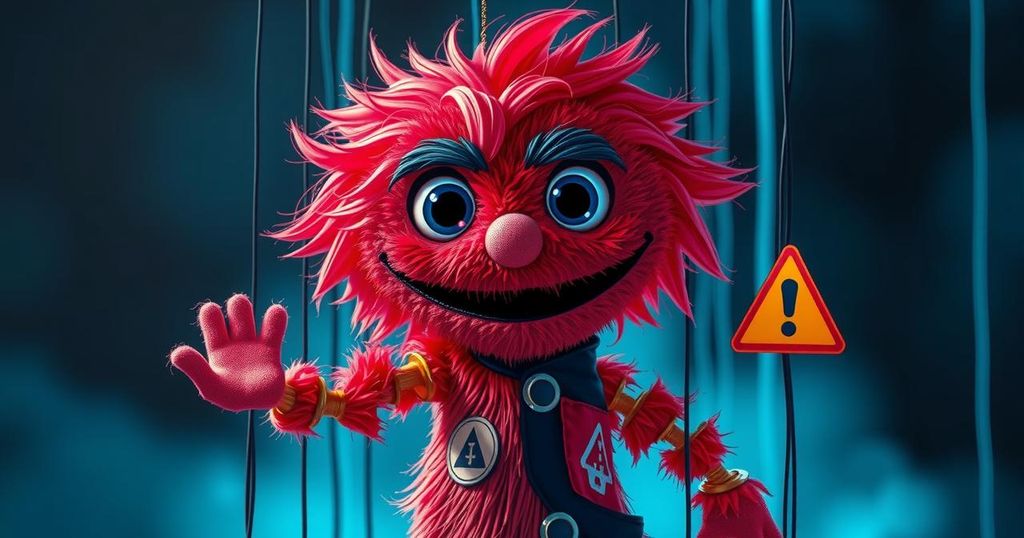 A digital illustration of a cartoon puppet resembling Elmo amidst a dark cyber landscape with warning symbols.