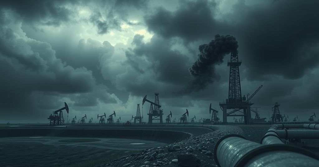 A tense landscape with oil infrastructure under a cloudy sky, representing Libya's political turmoil and oil industry.