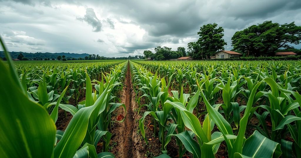 A lush cornfield in Brazil with a cloudy sky, depicting a delayed harvest due to rain, vibrant greens and earthy browns.