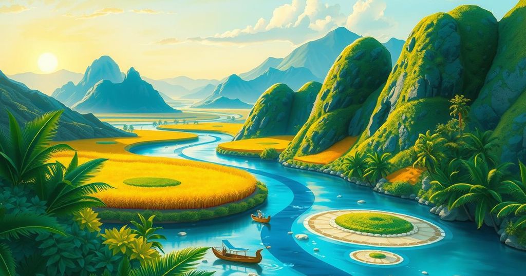Vibrant visual of Southeast Asian and South American landscapes symbolizing connectivity and cooperation.