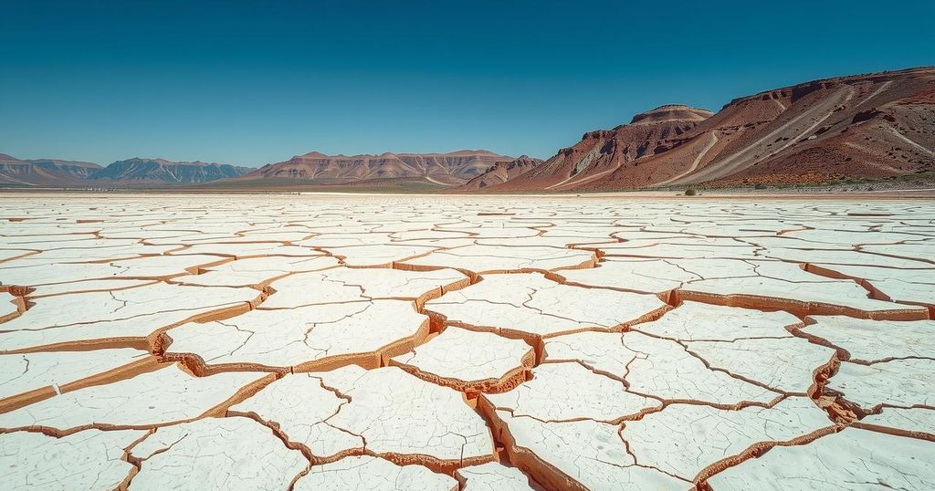 A parched landscape with exposed white rocks and a dry lakebed, portraying water scarcity in Northern Mexico.