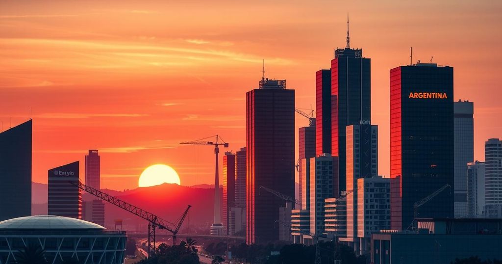 A vibrant city skyline in Argentina at sunset, showcasing silhouettes and warm colors, representing progress and advancement.