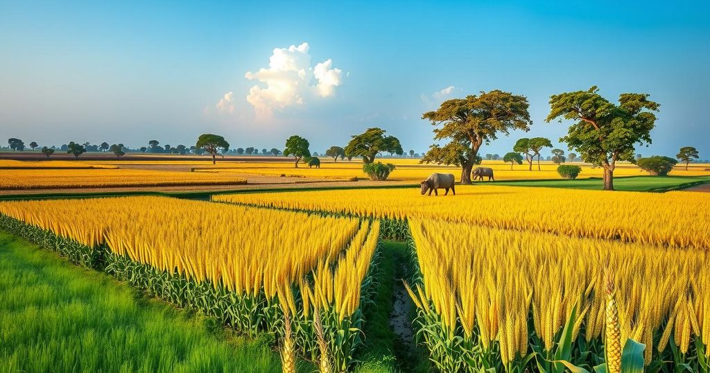 A cooperative farming scene with crops in South Sudan highlighting economic unity and growth.