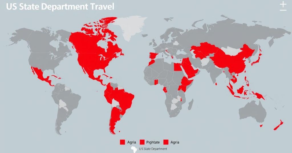 Map illustrating countries advised against travel by the US State Department, with a color-coded alert system.