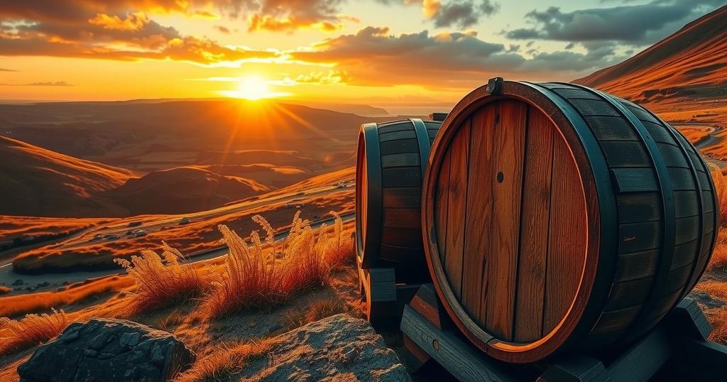 A whisky barrel in a Scottish landscape with a golden sunset, featuring rich earthy tones and a traditional style.