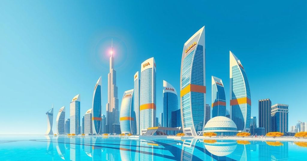 Abstract digital artwork of UAE skyline with vibrant colors symbolizing progress and innovation in business.