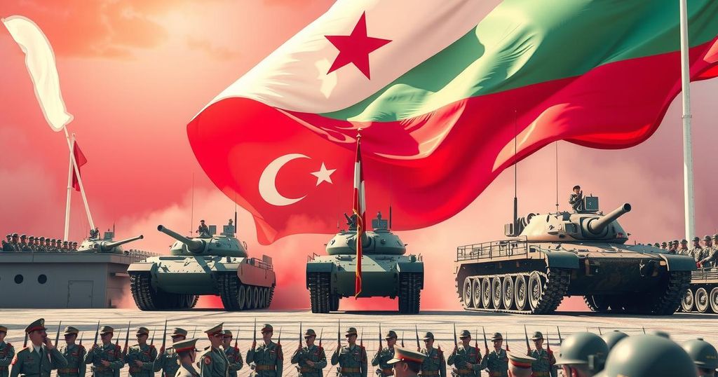 Military gathering during a celebration showcasing troops and equipment in a strong color scheme.