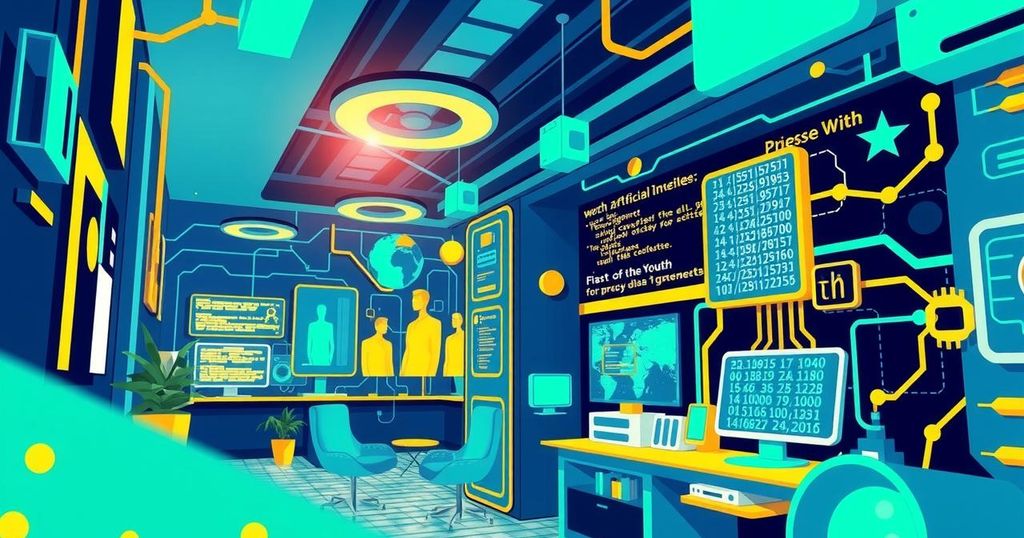 A vibrant tech hub representing digital innovation in Kenya, showcasing AI opportunities for youth with abstract coding elements.