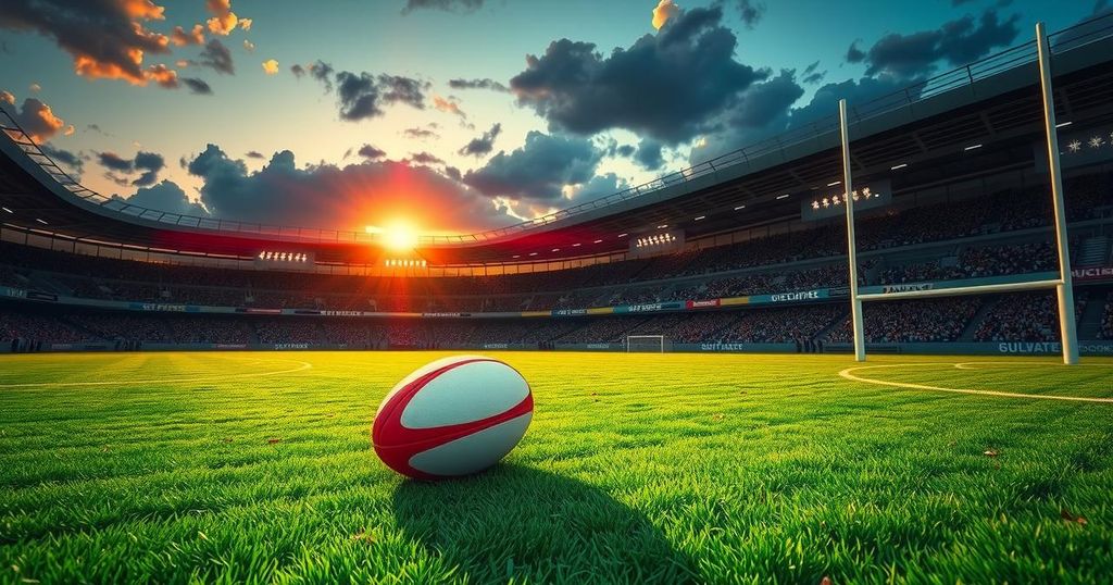 A rugby field under bright lights with a ball on the grass, showcasing an exciting sports atmosphere during a match.