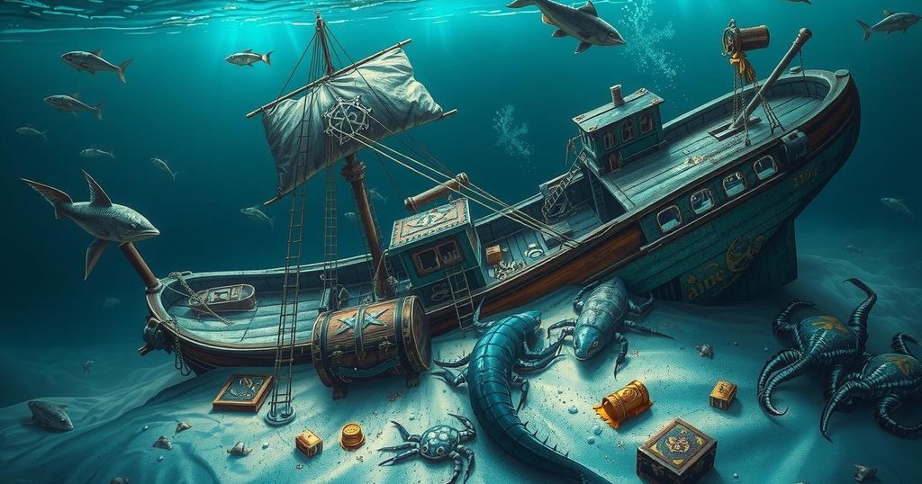 Aerial view of a sunken shipwreck surrounded by vibrant marine life and scattered treasure, off Madagascar's coast.