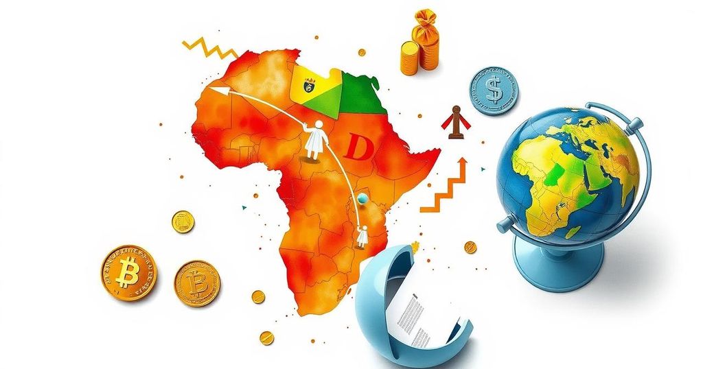 Symbolic depiction of Mozambique considering debt relief negotiations, featuring a map of Africa with financial icons.