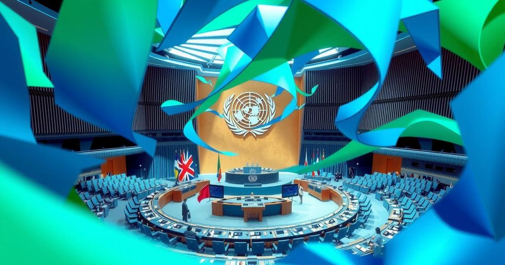 A united nations assembly scene with flags representing global unity, in a vibrant color palette of blues and greens.