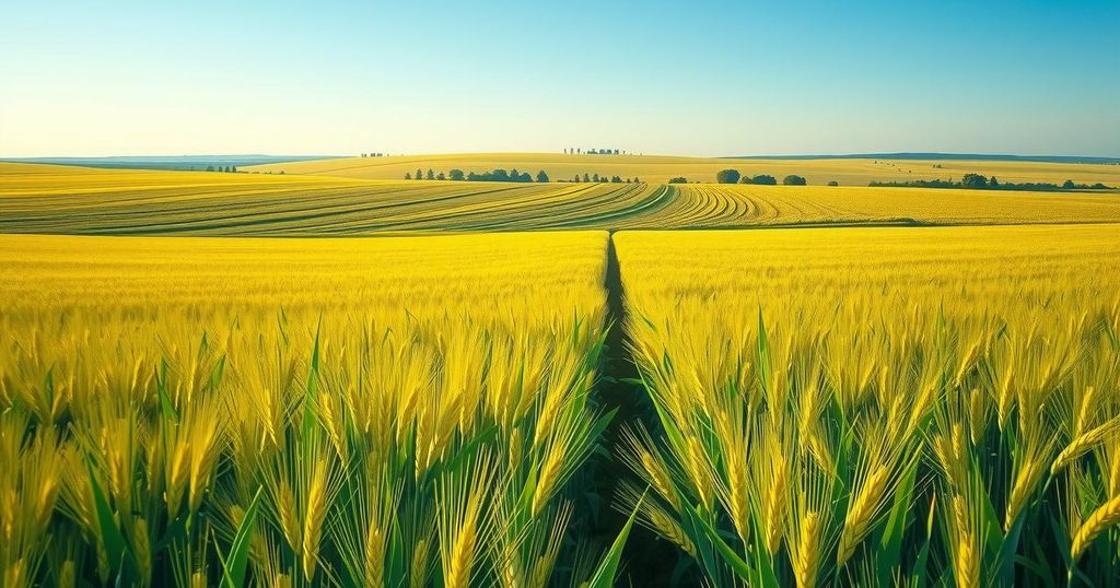 Lush wheat and soybean fields under a clear blue sky, showcasing Argentina's agricultural prosperity and yield potential.