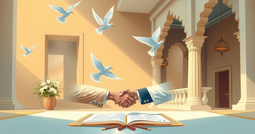 A significant event depicting peace agreement signing with symbolic elements of cooperation and hope.