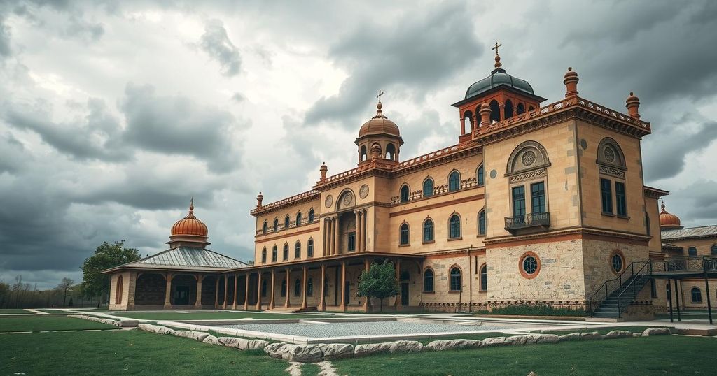 A symbolic depiction of Russia and Taliban diplomatic ties with traditional architecture and muted color tones.