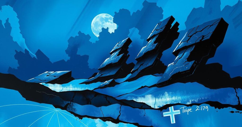 A dark abstract landscape reflecting cooperation and resilience against threats, using deep blues and stark black contrasts.