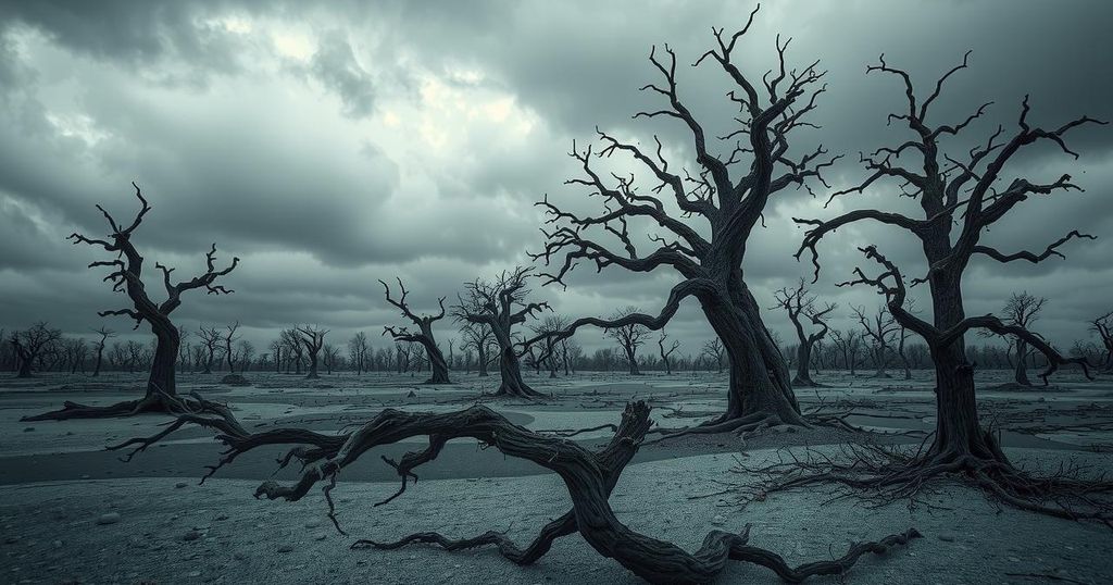 A barren landscape with wilted trees and darked clouds, representing climate change challenges and awareness decline.