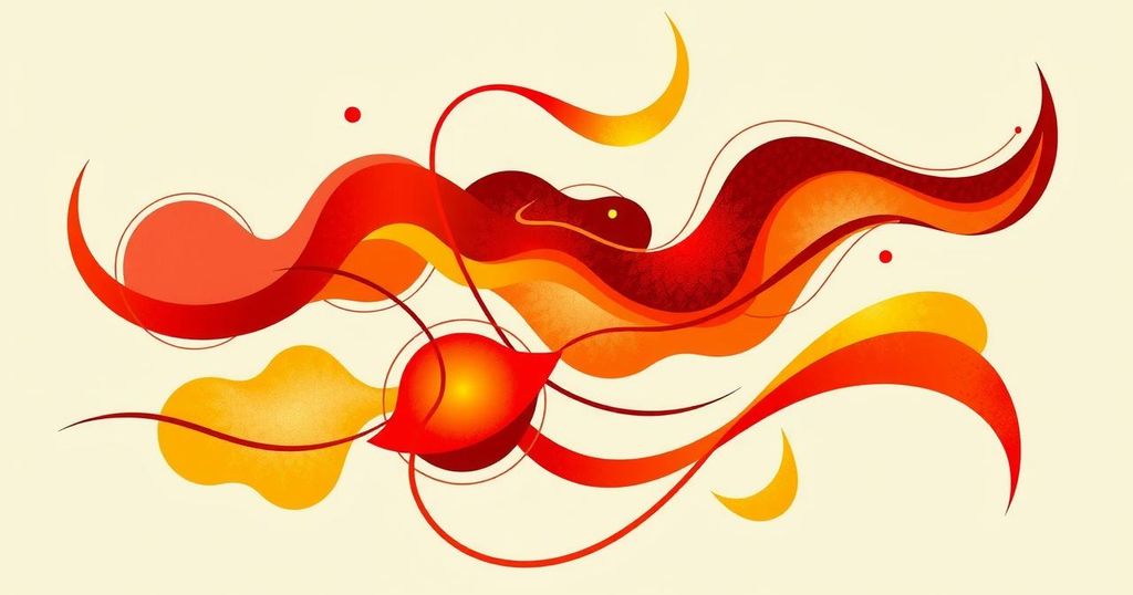 Colorful abstract art symbolizing connection between Hungary and Uzbekistan, featuring harmonious shapes in warm hues.