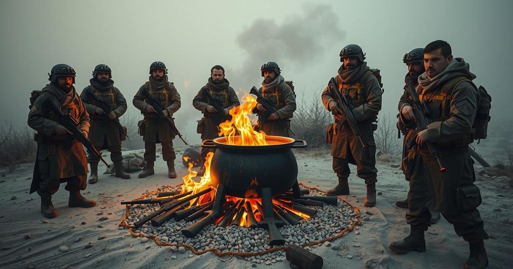 Kurdish fighters burning weapons symbolizing peace in Iraq, showcasing unity and hope in subdued colors.