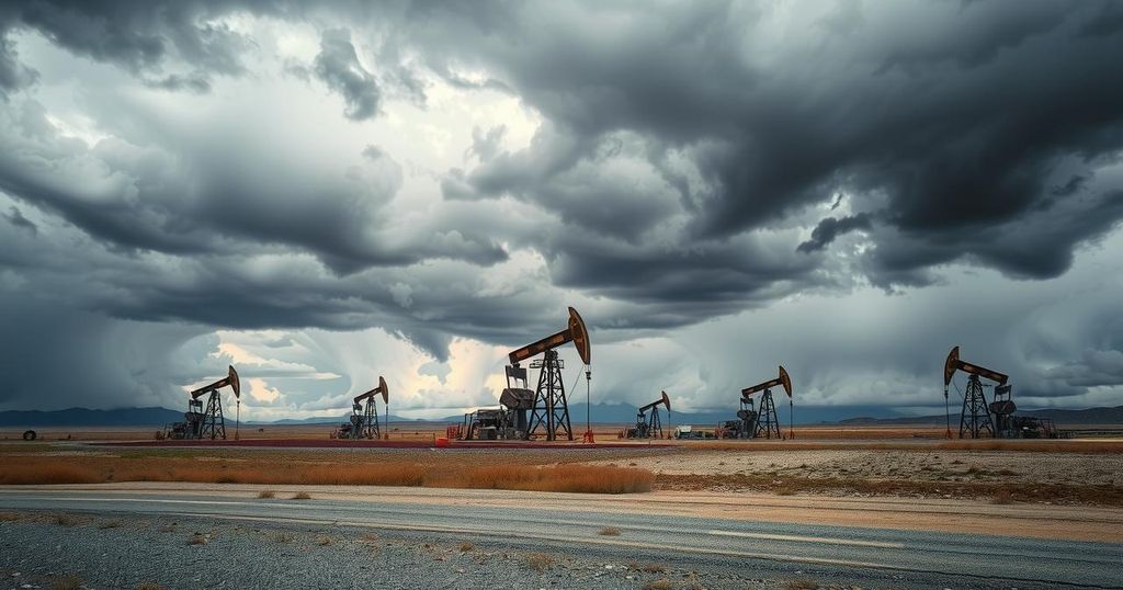 A dramatic landscape of a rugged oil field under gray skies, with oil rigs and a distant backdrop of mountains.