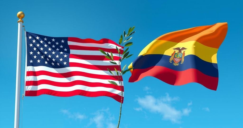 Symbolic representation of US-Colombia diplomacy with flags and an olive branch, set against a bright blue sky.