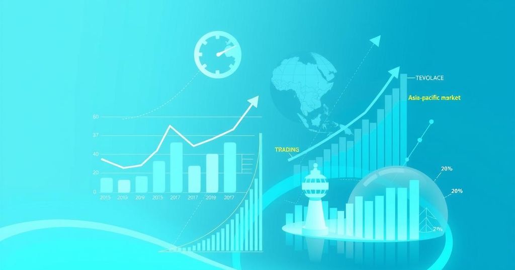 Mixed opening of Asia-Pacific markets with financial graphs and trade visuals in soft blue and green hues.