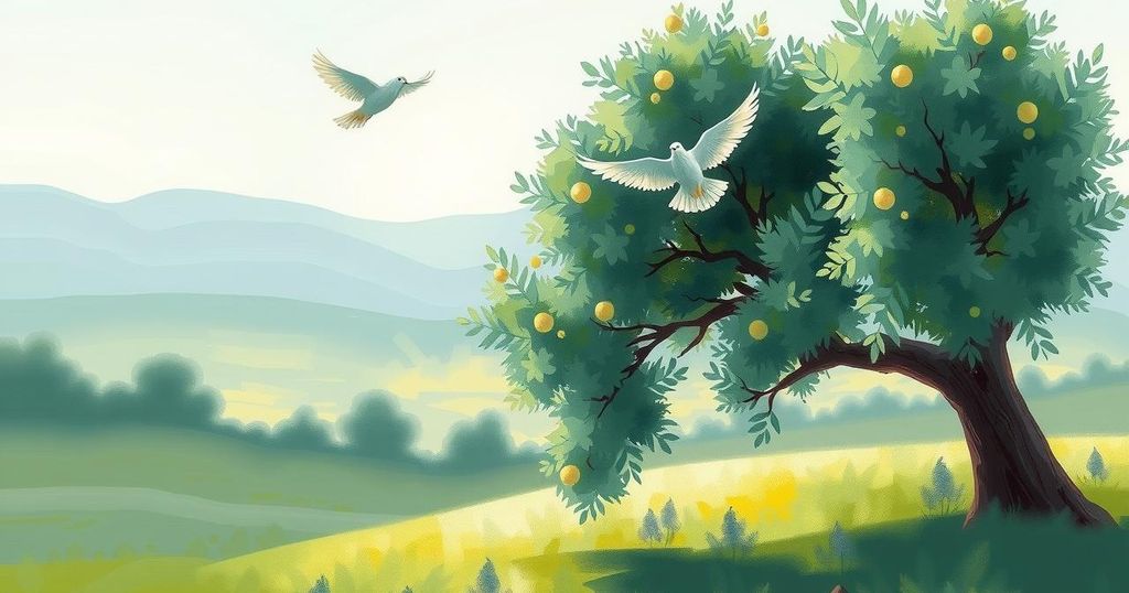 A peaceful landscape with olive trees and doves, symbolizing hope and justice in conflict resolution.