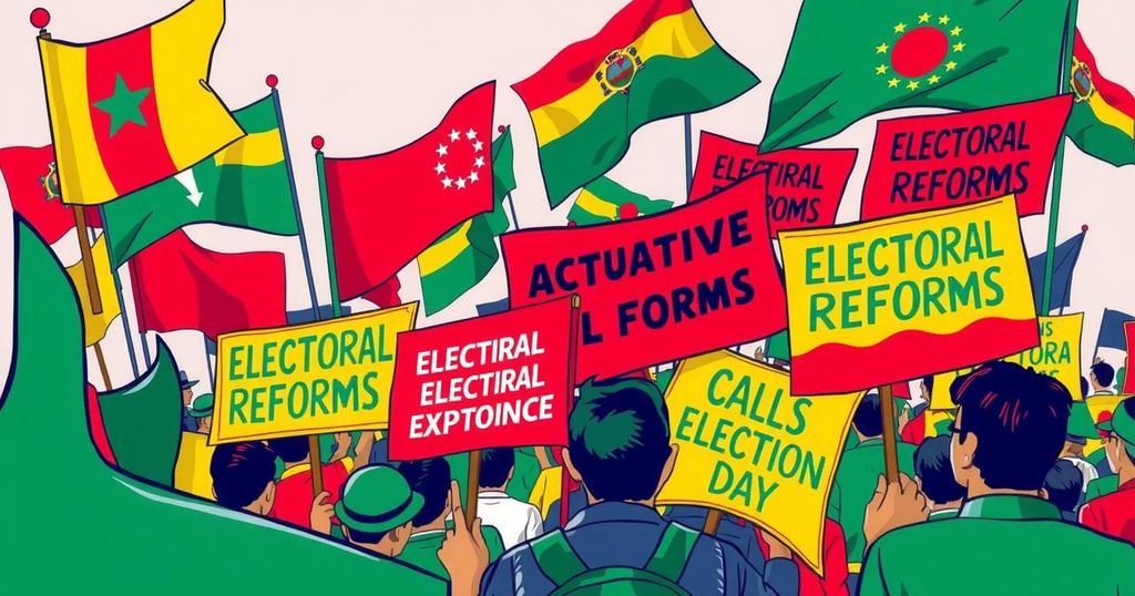 Illustration of a political protest with flags and banners symbolizing accountability and electoral reforms in Africa.