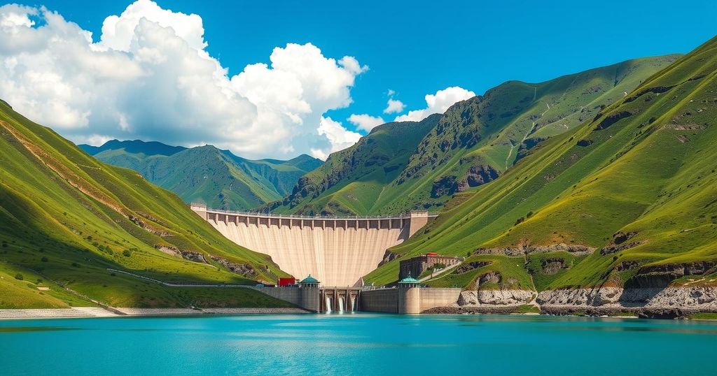 A serene landscape with a hydroelectric dam, surrounded by lush greenery and vibrant blue skies representing cooperative development.
