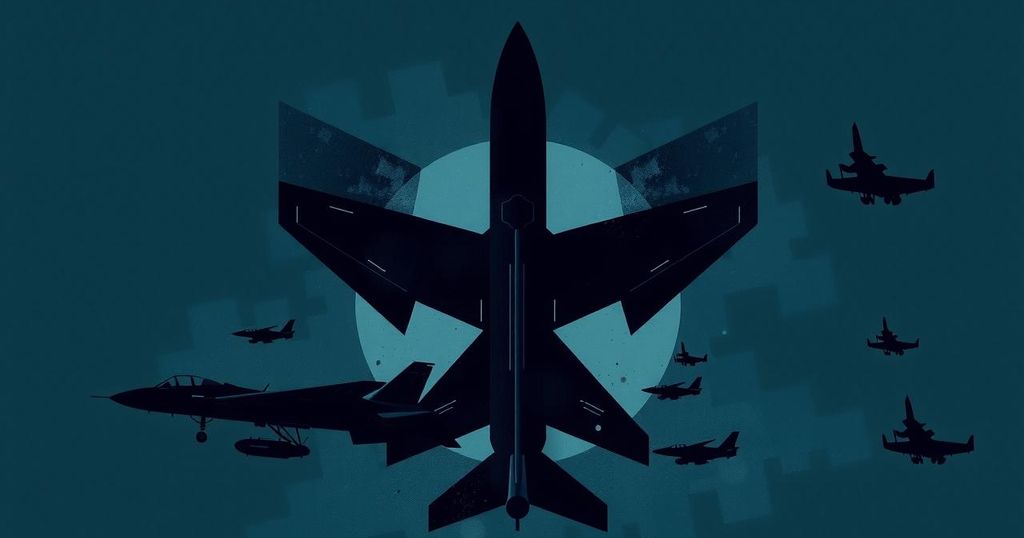 A symbolic representation of nuclear deterrence, showcasing abstract military elements and a dark color palette.