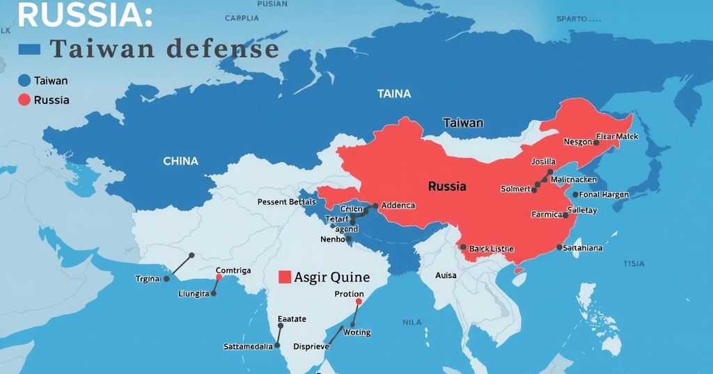 Abstract geopolitical map representing U.S. efforts in Taiwan defense challenged by Russia and China collaboration.