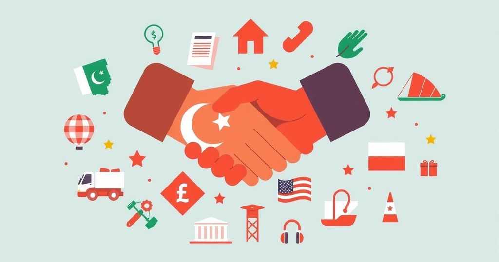 Representation of diplomatic discussions between Pakistan and Poland with a symbolic handshake and flags, in a harmonious color scheme.