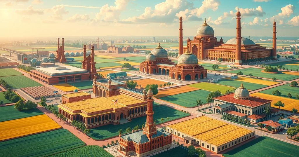 A vibrant vision of India's economic growth with factories and education symbols surrounded by lush greenery and bright colors.