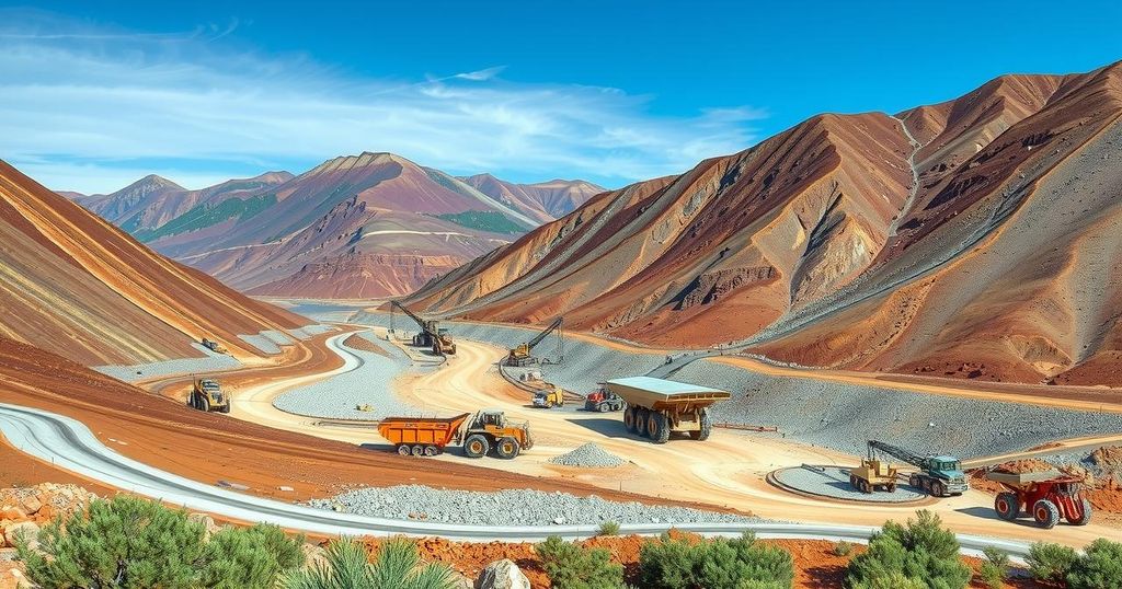 Vibrant landscape of a copper mine surrounded by mountains and clear skies, showcasing mining activity in Chile.