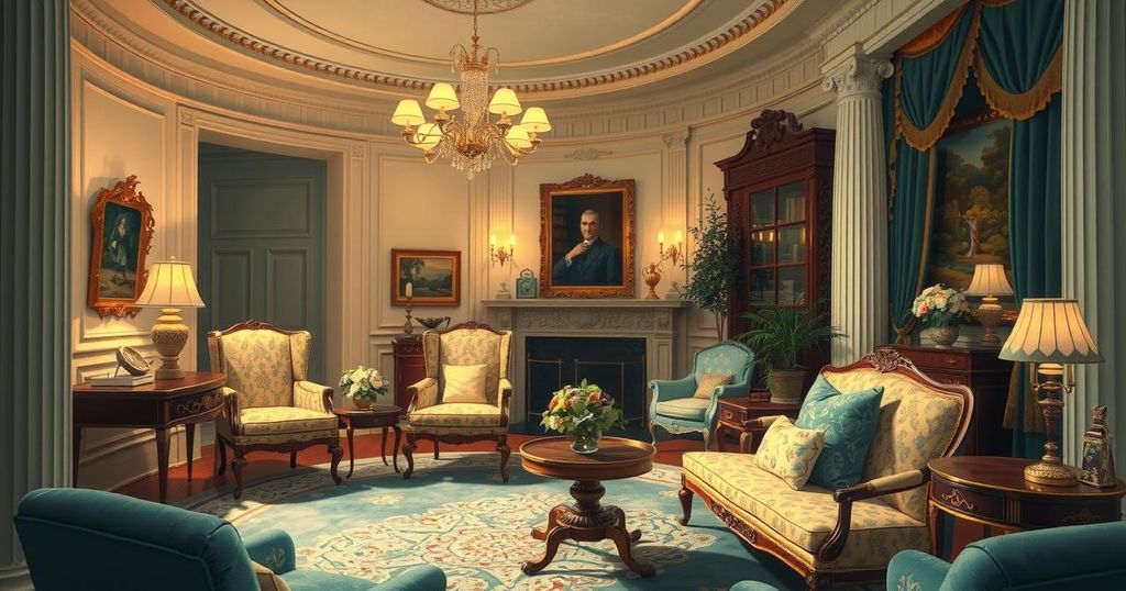 A serene inside view of the White House, featuring the West Wing and elegant decor, under warm lighting.